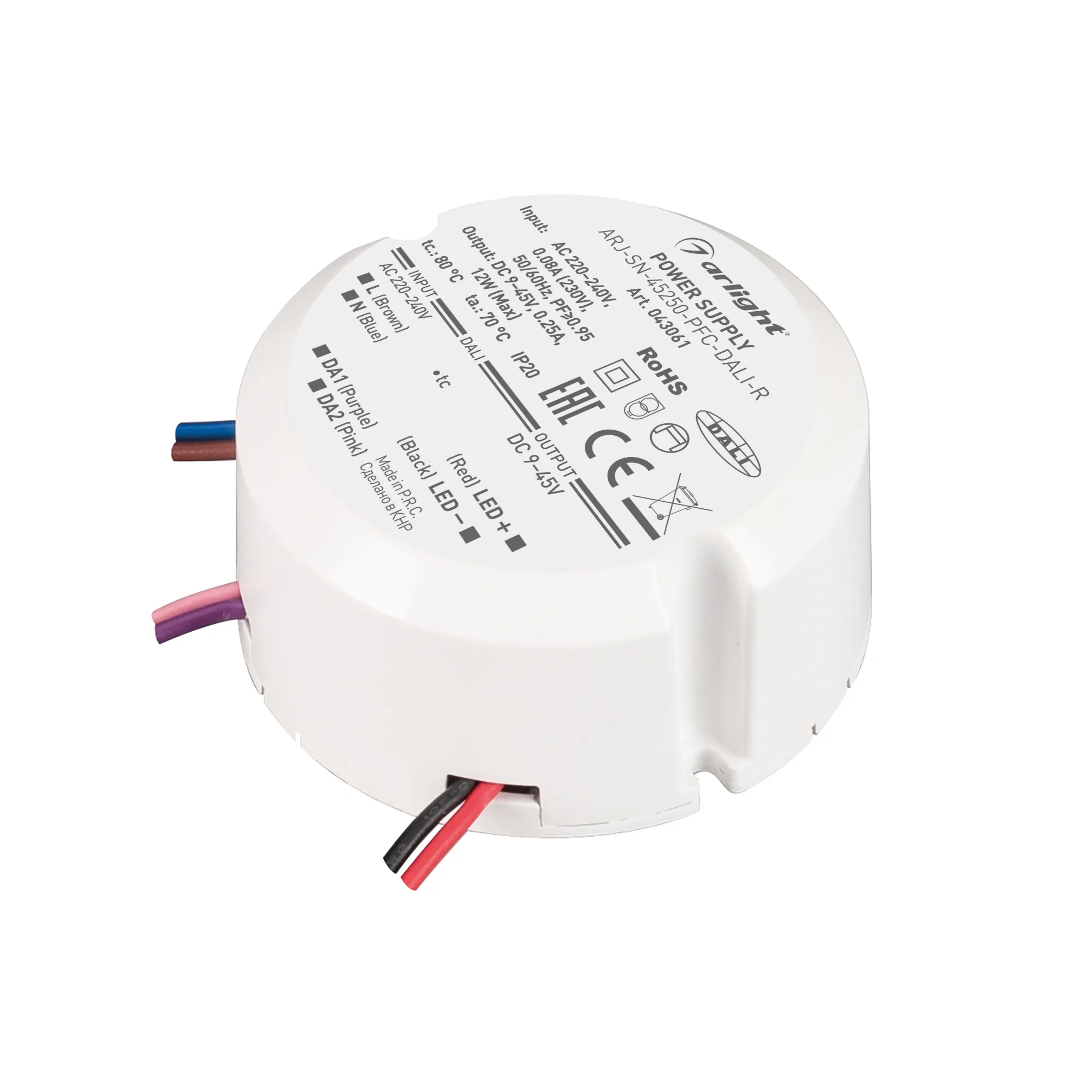 Блок питания ARJ-SN-45250-PFC-DALI-R (12W, 9-45V, 0.25A) (Arlight, IP20 Пластик, 3 года) - изображение товара