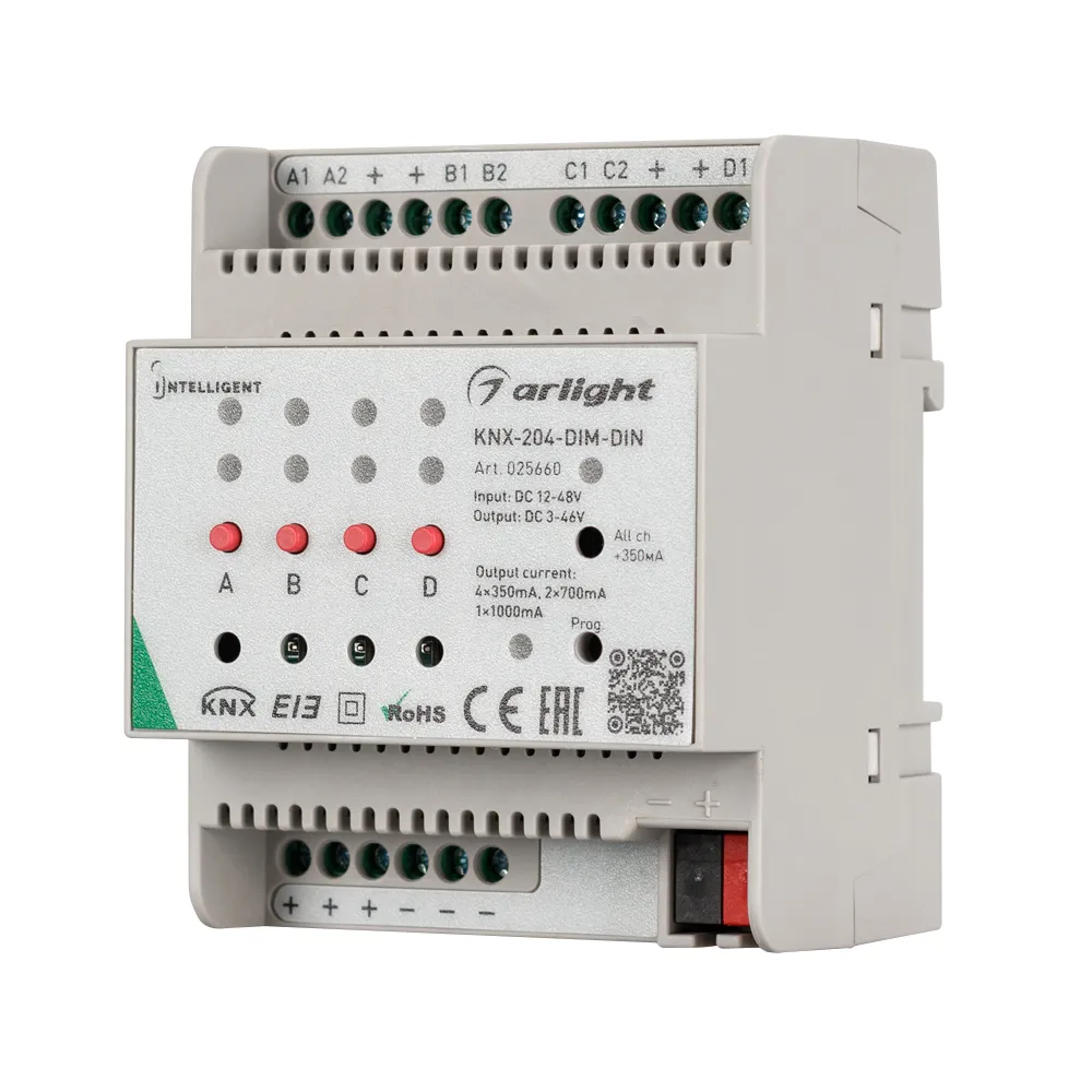 INTELLIGENT ARLIGHT Диммер KNX-204-DIM-DIN (12-48V, 8x0.35/4x0.7/2x1A) (IARL, IP20 Пластик, 2 года) - изображение товара